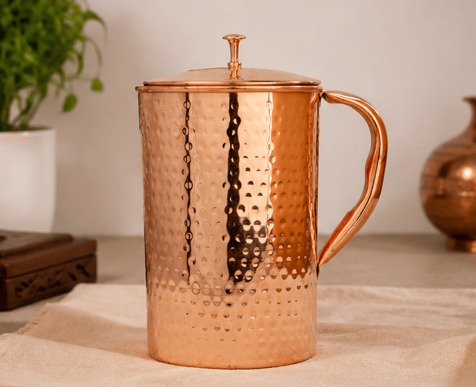 Handcrafted Pure Copper Water Jug with Lid | Hammered Finish