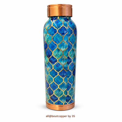 Blue Floral Pattern Copper Water Bottle with Copper Cap