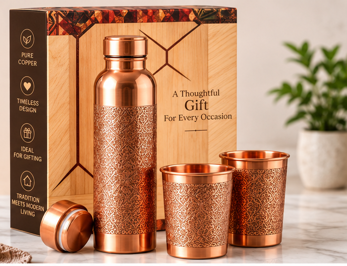 Premium Copper Bottle Gift Set with 2 Copper Glasses – Gold Meena Finish