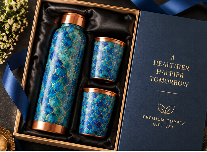 Vital Copper Bottle Gift Set – Gold Meena Finish