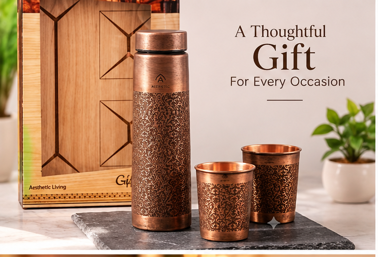 Premium Copper Bottle Gift Set with 2 Copper Glasses – Gold Meena Finish