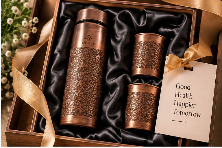 Premium Copper Bottle Gift Set with 2 Copper Glasses – Gold Meena Finish - Image 2