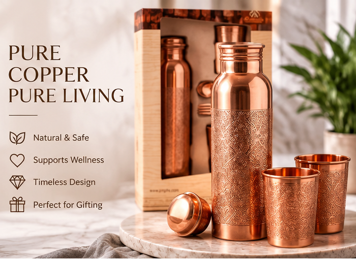 Premium Copper Bottle Gift Set with 2 Copper Glasses – Gold Meena Finish
