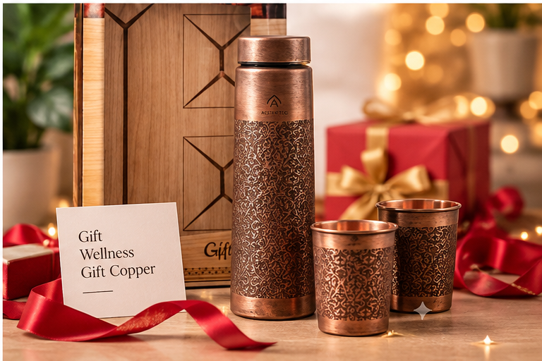 Premium Copper Bottle Gift Set with 2 Copper Glasses – Gold Meena Finish - Image 4