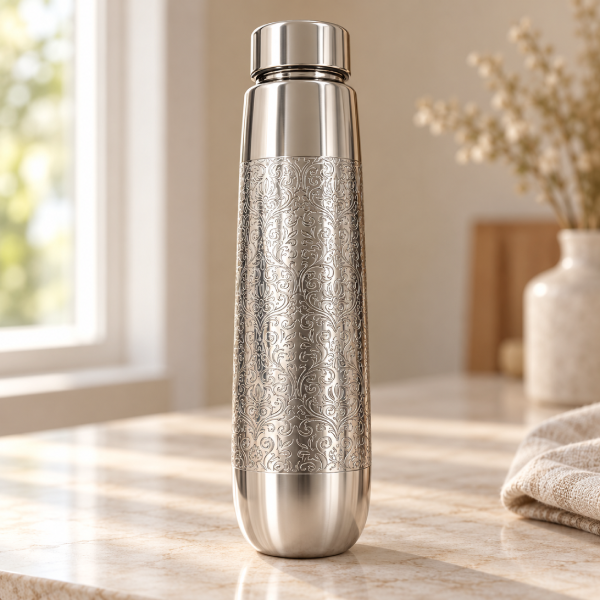 Silver-Tone Ornate Pattern Copper Bottle